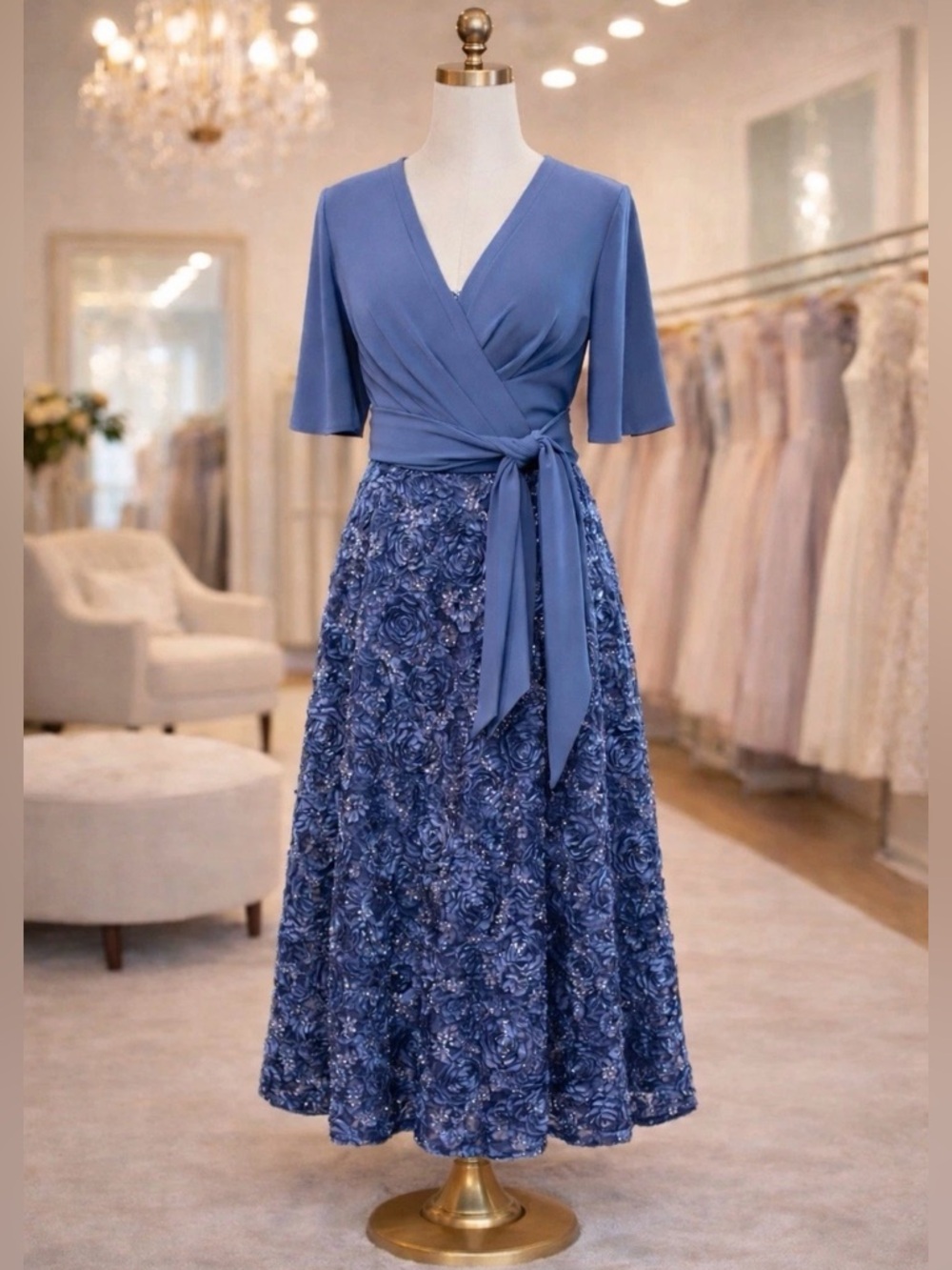 Alex Evenings Violet Lace Midi Dress Tie Waist A-Line 3/4 Sleeve 16P NWT